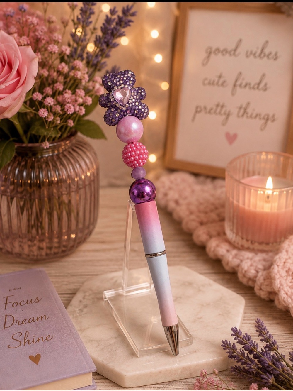 Decorative Purple & Pink Beaded Flower Ballpoint Pen - Elegant Home Accents